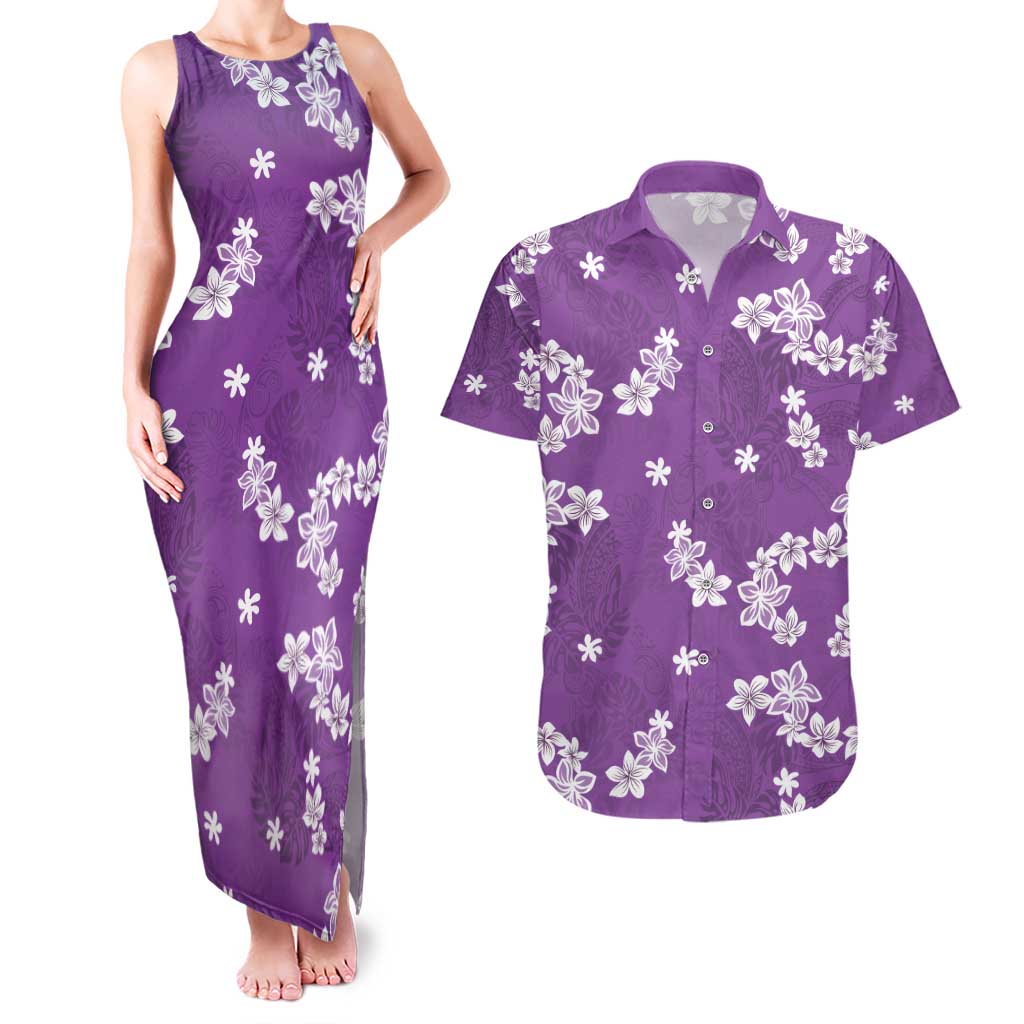 Hawaii Monstera Deliciosa Couples Matching Tank Maxi Dress and Hawaiian Shirt Purple Plumeria Polynesian Pattern LT05 Purple - Polynesian Pride