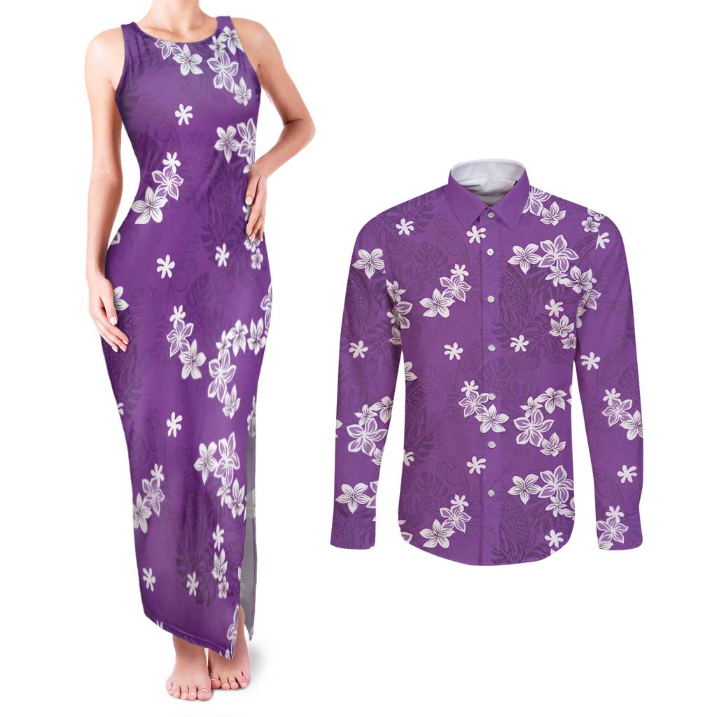 Hawaii Monstera Deliciosa Couples Matching Tank Maxi Dress and Long Sleeve Button Shirt Purple Plumeria Polynesian Pattern LT05 Purple - Polynesian Pride