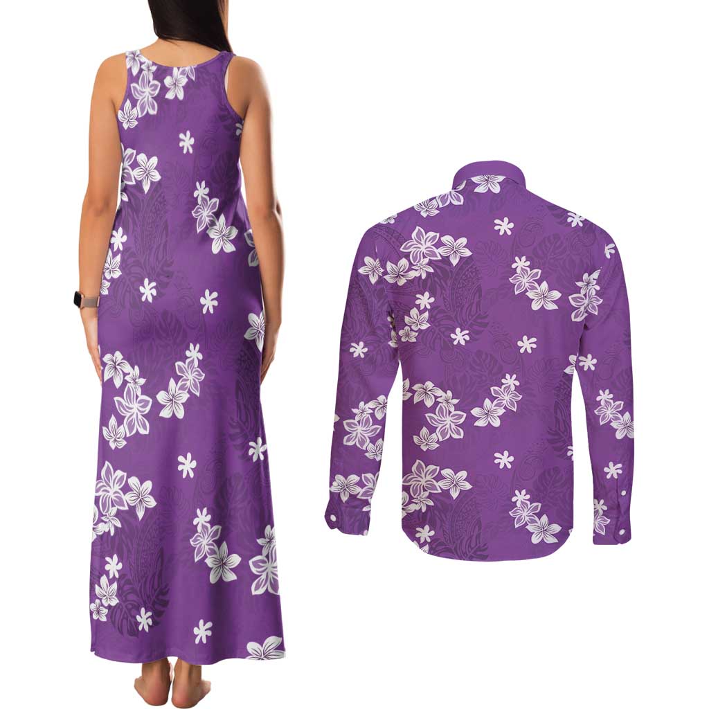 Hawaii Monstera Deliciosa Couples Matching Tank Maxi Dress and Long Sleeve Button Shirt Purple Plumeria Polynesian Pattern LT05 - Polynesian Pride