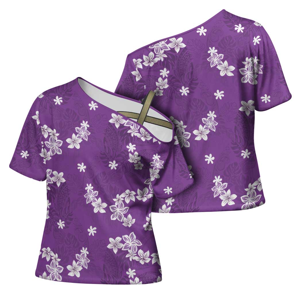 Hawaii Monstera Deliciosa Cross Shoulder Shirt Purple Plumeria Polynesian Pattern LT05 - Polynesian Pride