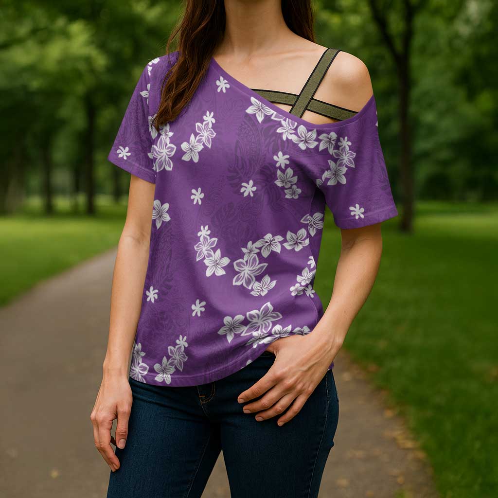 Hawaii Monstera Deliciosa Cross Shoulder Shirt Purple Plumeria Polynesian Pattern LT05 - Polynesian Pride