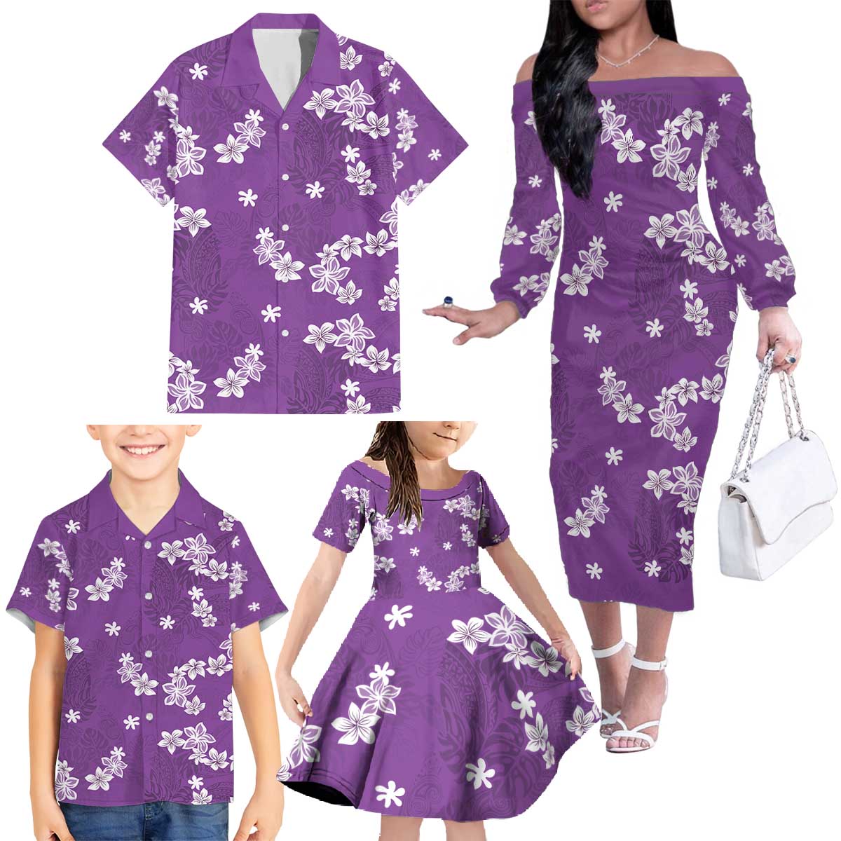 Hawaii Monstera Deliciosa Family Matching Off The Shoulder Long Sleeve Dress and Hawaiian Shirt Purple Plumeria Polynesian Pattern LT05 - Polynesian Pride