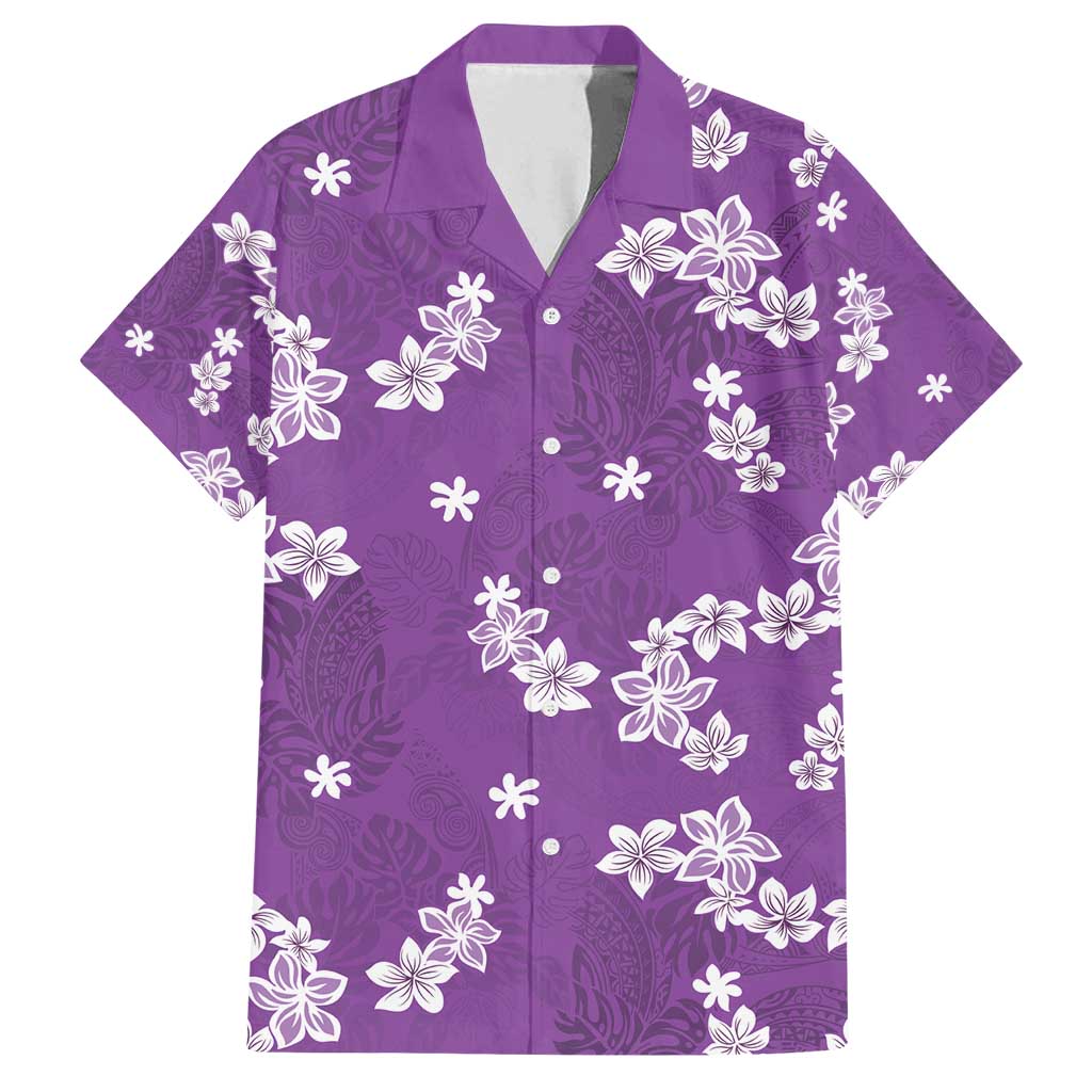 Hawaii Monstera Deliciosa Family Matching Off Shoulder Short Dress and Hawaiian Shirt Purple Plumeria Polynesian Pattern - Polynesian Pride