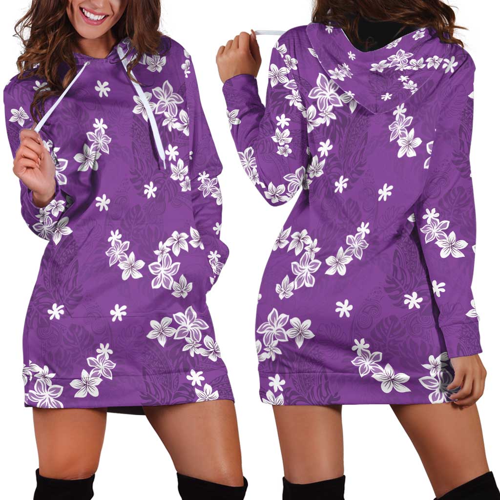 Hawaii Monstera Deliciosa Hoodie Dress Purple Plumeria Polynesian Pattern - Polynesian Pride