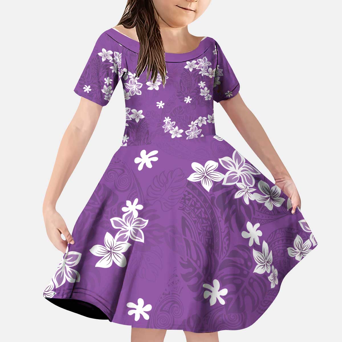 Hawaii Monstera Deliciosa Kid Short Sleeve Dress Purple Plumeria Polynesian Pattern - Polynesian Pride