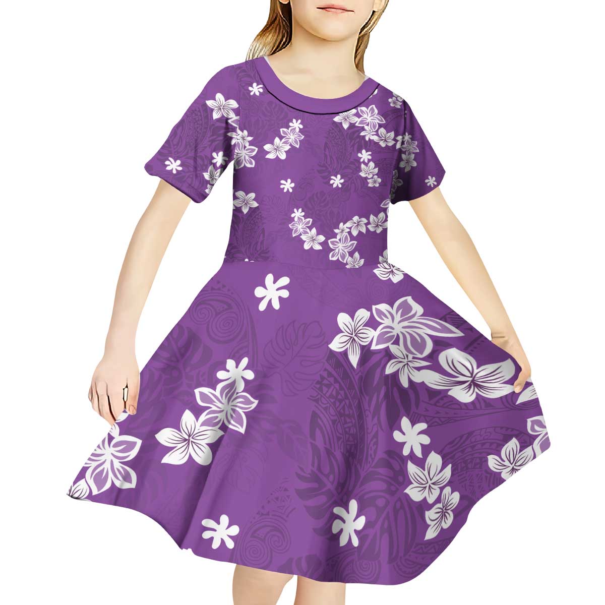 Hawaii Monstera Deliciosa Kid Short Sleeve Dress Purple Plumeria Polynesian Pattern - Polynesian Pride