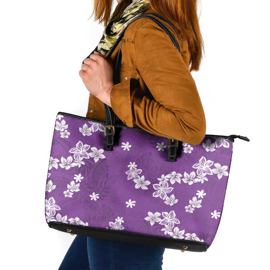 Hawaii Monstera Deliciosa Leather Tote Bag Purple Plumeria Polynesian Pattern - Polynesian Pride