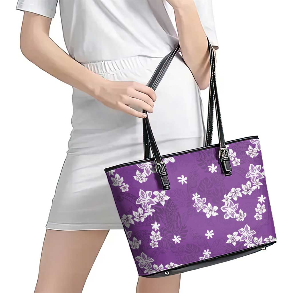 Hawaii Monstera Deliciosa Leather Tote Bag Purple Plumeria Polynesian Pattern - Polynesian Pride
