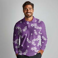 Hawaii Monstera Deliciosa Long Sleeve Polo Shirt Purple Plumeria Polynesian Pattern LT05 - Polynesian Pride
