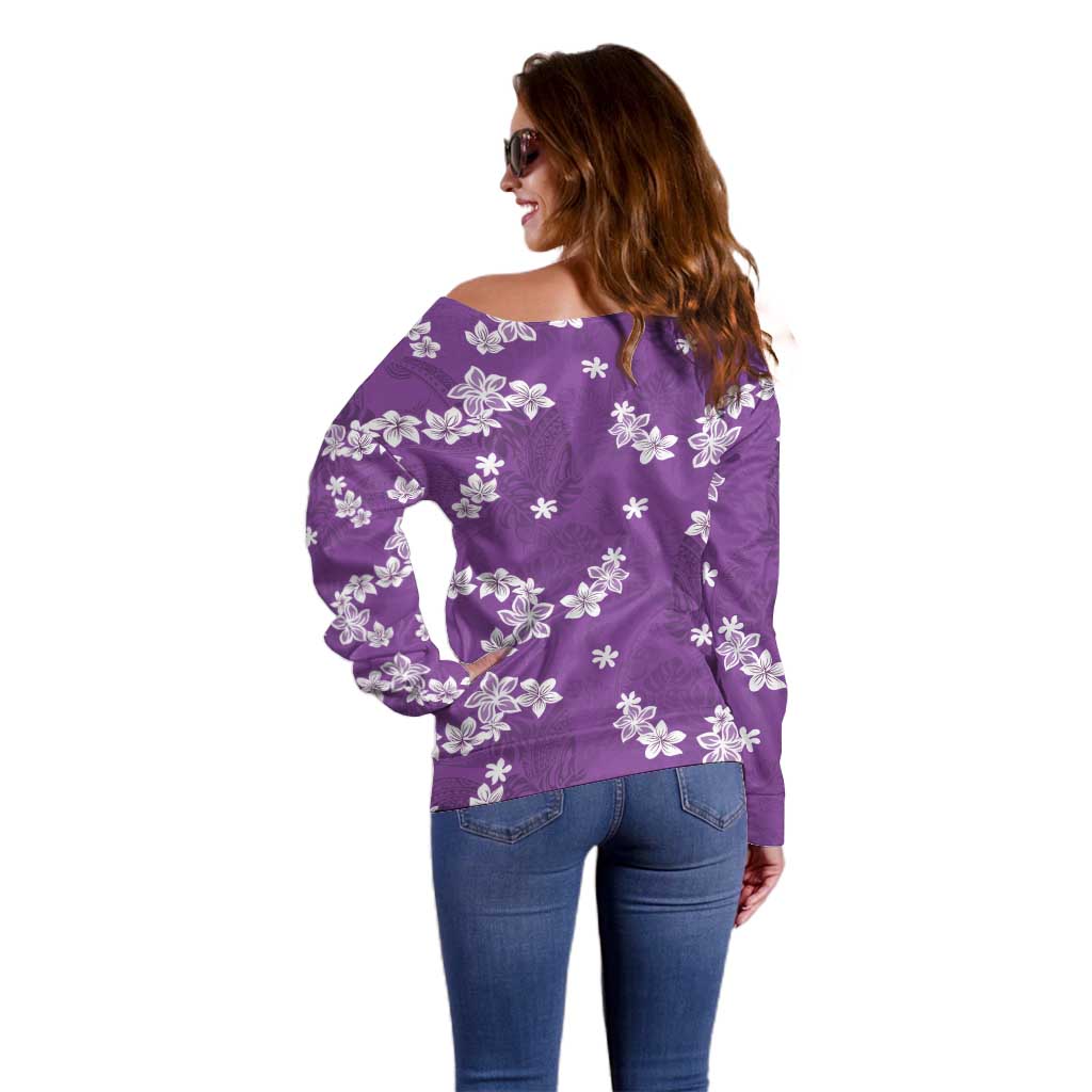 Hawaii Monstera Deliciosa Off Shoulder Sweater Purple Plumeria Polynesian Pattern - Polynesian Pride