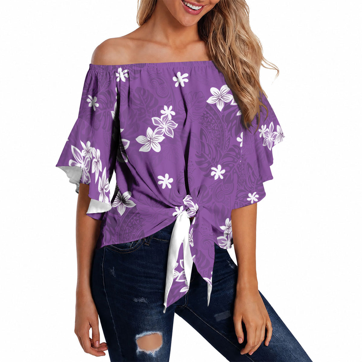 Hawaii Monstera Deliciosa Off Shoulder Wrap Waist Top Purple Plumeria Polynesian Pattern LT05 - Polynesian Pride