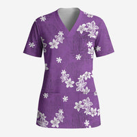 Hawaii Monstera Deliciosa Scrub Top Purple Plumeria Polynesian Pattern - Polynesian Pride