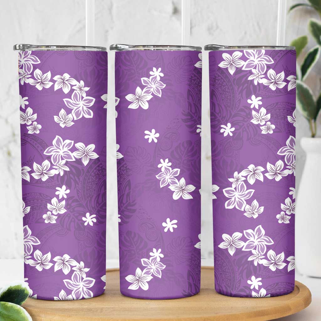 Hawaii Monstera Deliciosa Skinny Tumbler Purple Plumeria Polynesian Pattern - Polynesian Pride