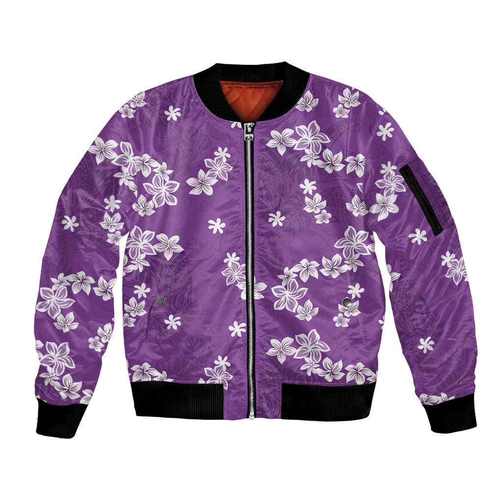 Hawaii Monstera Deliciosa Sleeve Zip Bomber Jacket Purple Plumeria Polynesian Pattern - Polynesian Pride