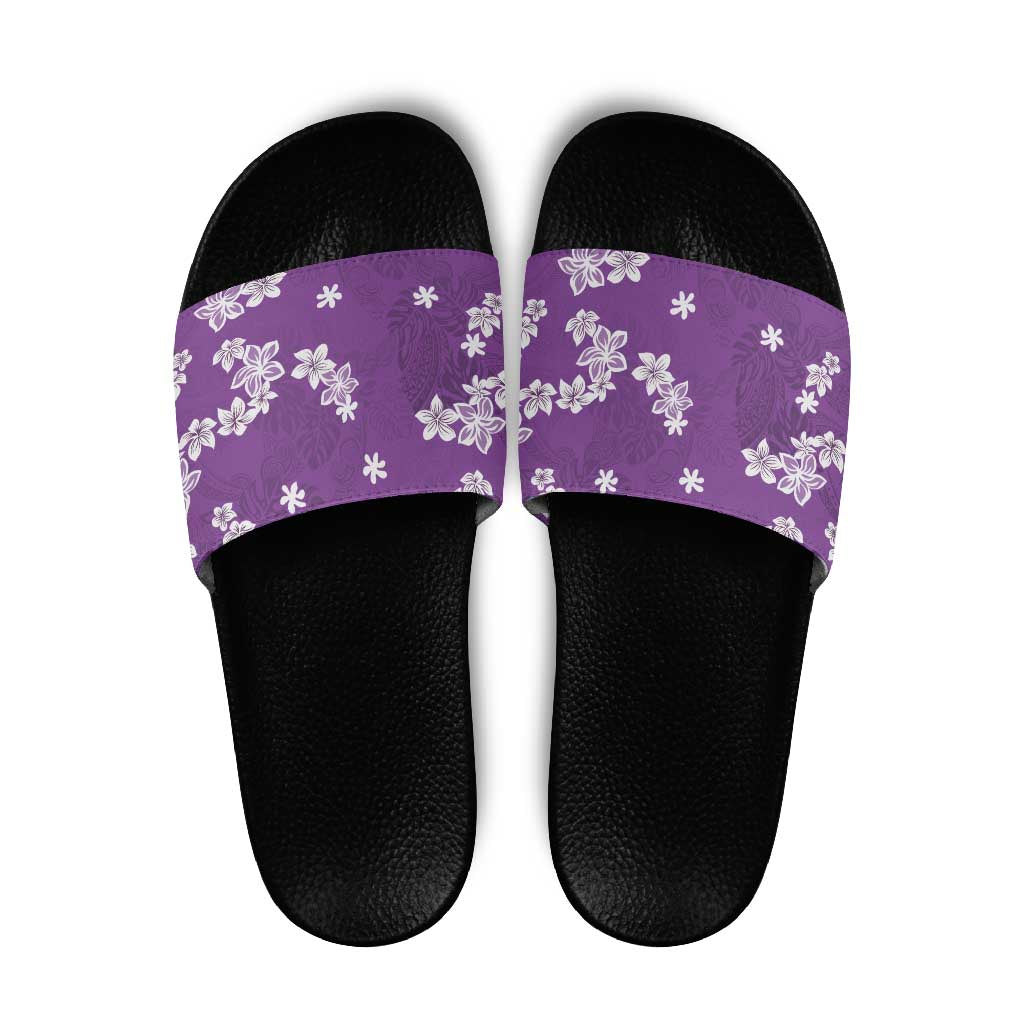 Hawaii Monstera Deliciosa Slide Sandals Purple Plumeria Polynesian Pattern - Polynesian Pride