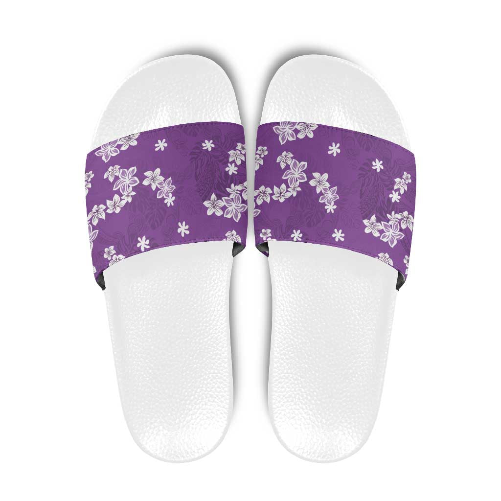 Hawaii Monstera Deliciosa Slide Sandals Purple Plumeria Polynesian Pattern - Polynesian Pride
