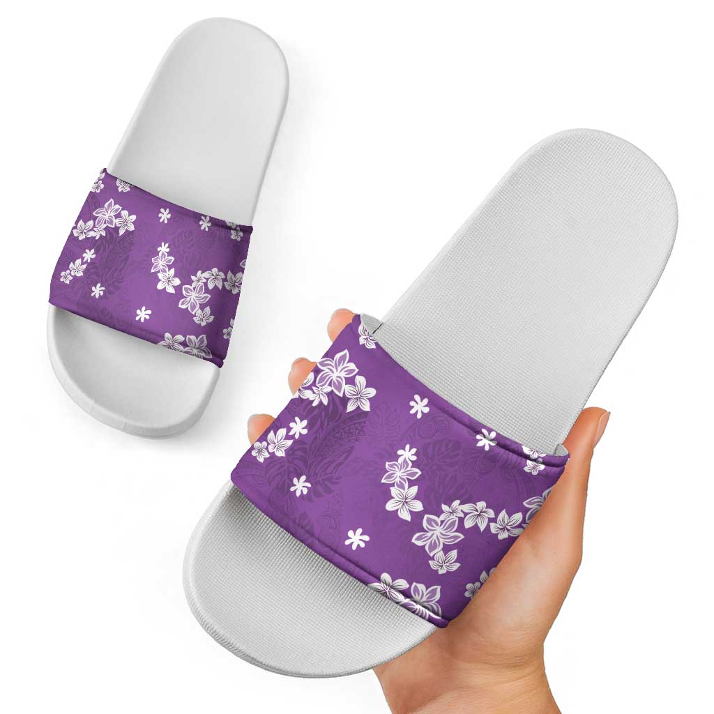 Hawaii Monstera Deliciosa Slide Sandals Purple Plumeria Polynesian Pattern - Polynesian Pride