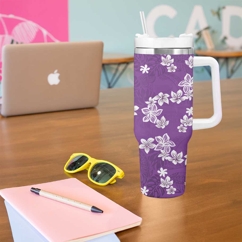 Hawaii Monstera Deliciosa Tumbler With Handle Purple Plumeria Polynesian Pattern - Polynesian Pride
