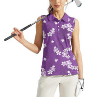 Hawaii Monstera Deliciosa Women Sleeveless Polo Shirt Purple Plumeria Polynesian Pattern - Polynesian Pride