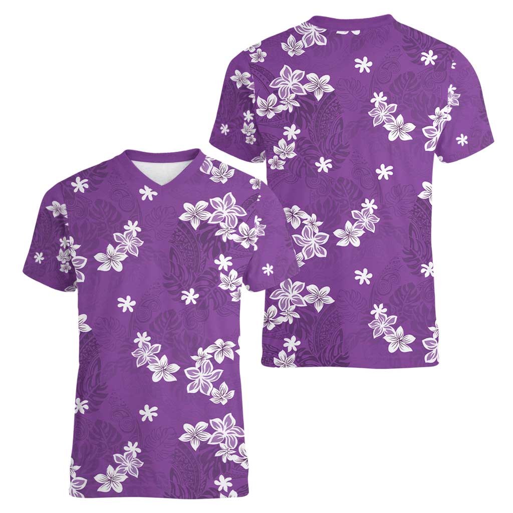 Hawaii Monstera Deliciosa Women V-Neck T-Shirt Purple Plumeria Polynesian Pattern - Polynesian Pride