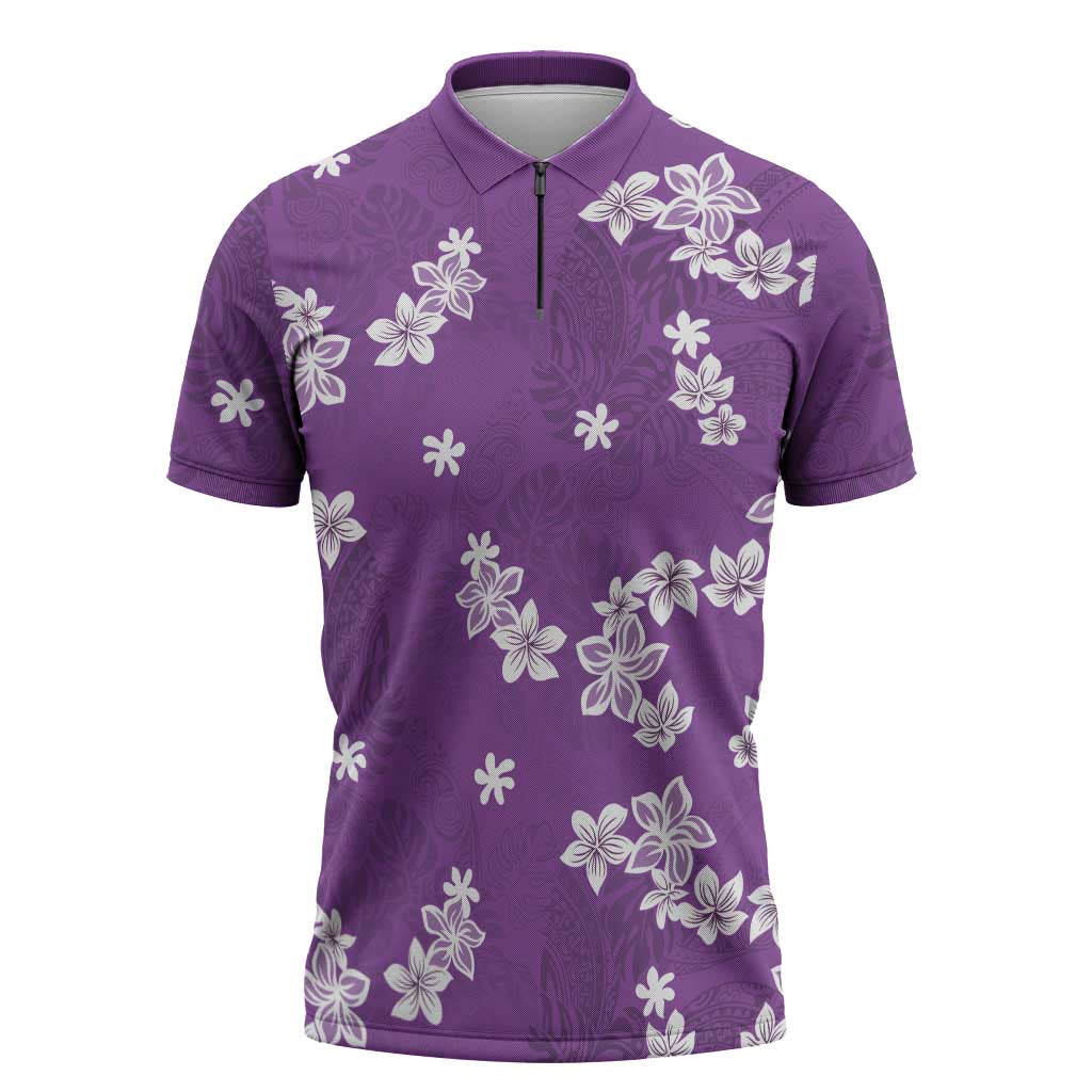 Hawaii Monstera Deliciosa Zipper Polo Shirt Purple Plumeria Polynesian Pattern LT05 Purple - Polynesian Pride