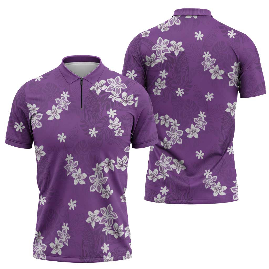 Hawaii Monstera Deliciosa Zipper Polo Shirt Purple Plumeria Polynesian Pattern LT05 - Polynesian Pride