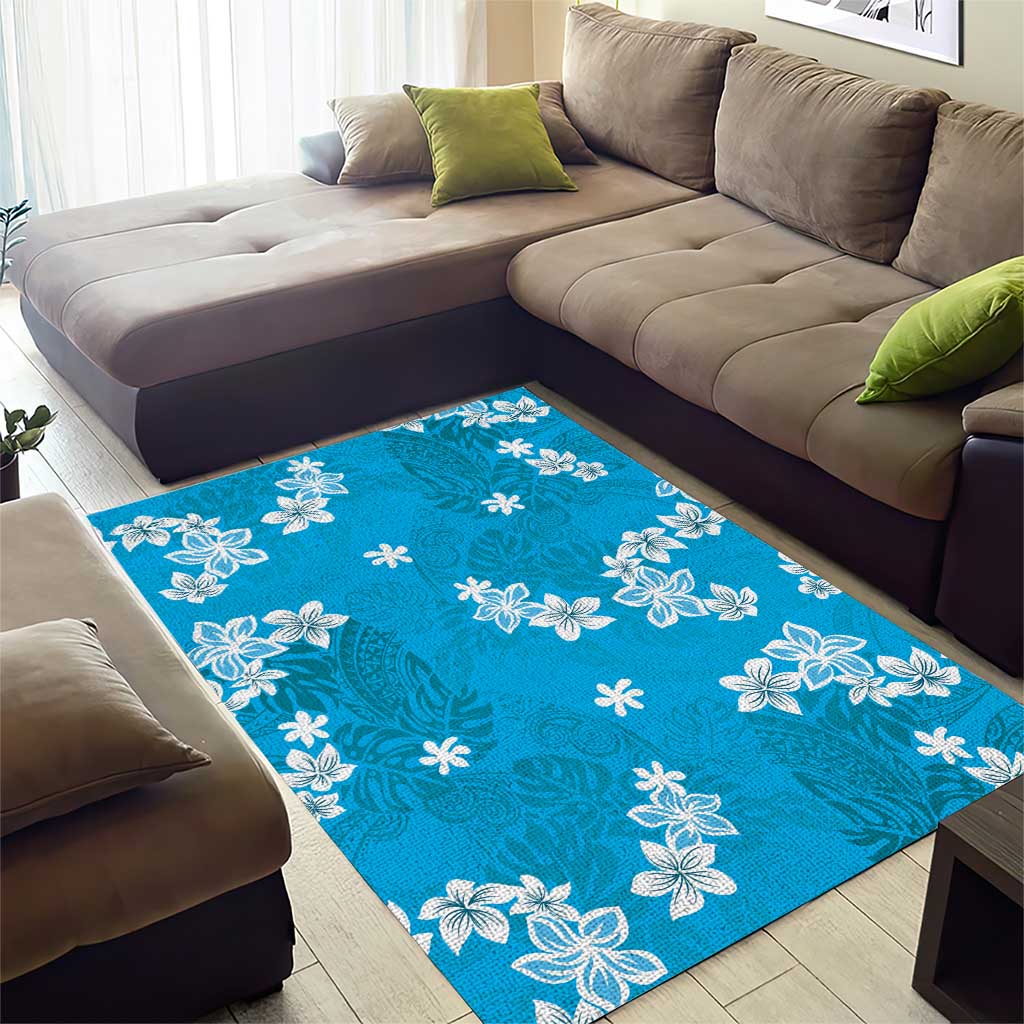 Hawaii Monstera Deliciosa Area Rug Blue Plumeria Polynesian Pattern - Polynesian Pride