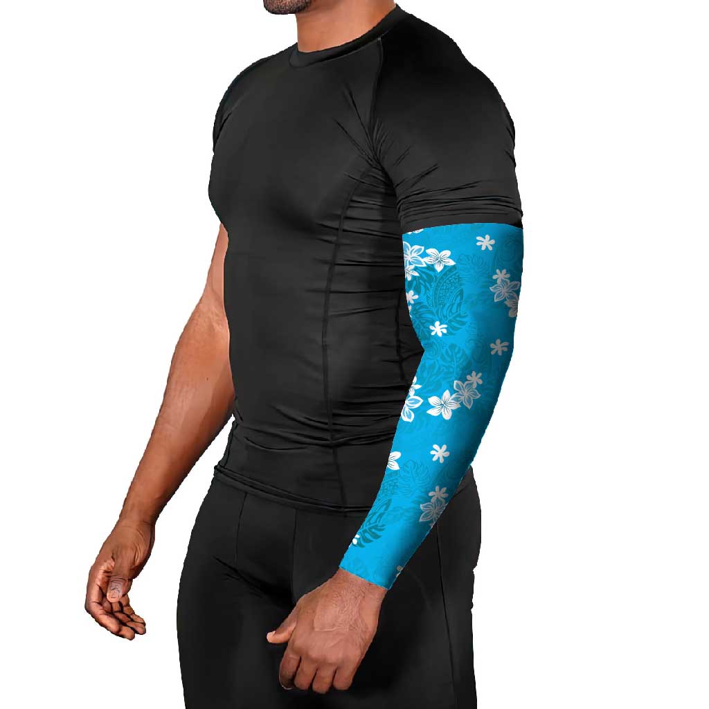 Hawaii Monstera Deliciosa Arm Sleeves Blue Plumeria Polynesian Pattern - Polynesian Pride