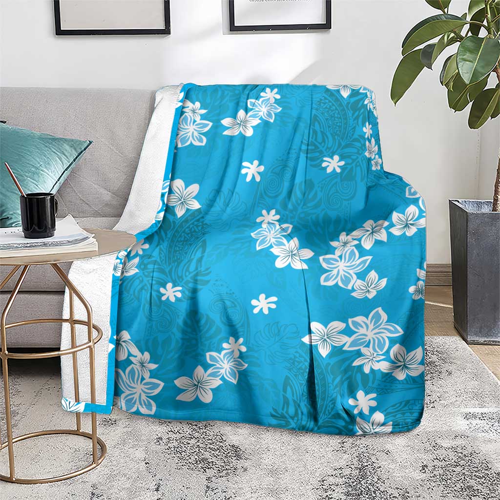 Hawaii Monstera Deliciosa Blanket Blue Plumeria Polynesian Pattern - Polynesian Pride
