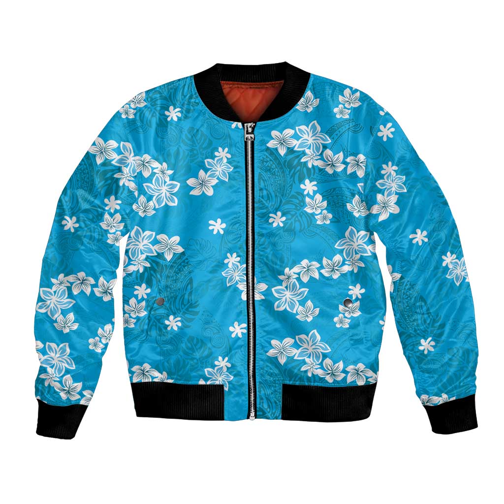 Hawaii Monstera Deliciosa Bomber Jacket Blue Plumeria Polynesian Pattern - Polynesian Pride