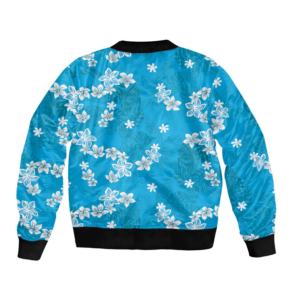 Hawaii Monstera Deliciosa Bomber Jacket Blue Plumeria Polynesian Pattern - Polynesian Pride