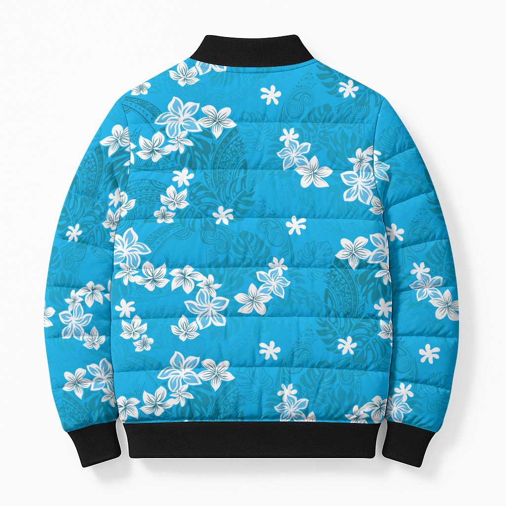 Hawaii Monstera Deliciosa Bomber Puffer Jacket Blue Plumeria Polynesian Pattern LT05 - Polynesian Pride