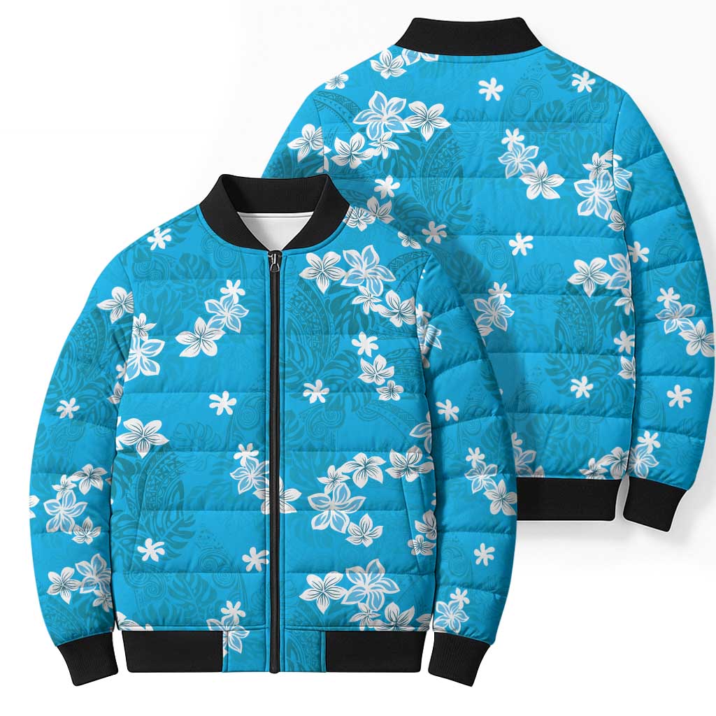 Hawaii Monstera Deliciosa Bomber Puffer Jacket Blue Plumeria Polynesian Pattern LT05 - Polynesian Pride