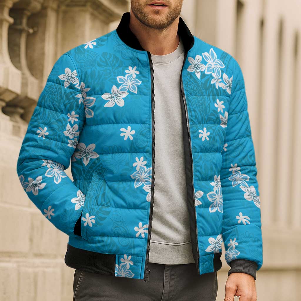 Hawaii Monstera Deliciosa Bomber Puffer Jacket Blue Plumeria Polynesian Pattern LT05 - Polynesian Pride