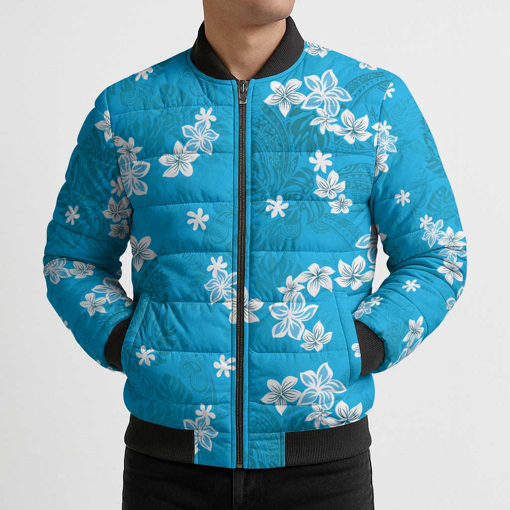 Hawaii Monstera Deliciosa Bomber Puffer Jacket Blue Plumeria Polynesian Pattern LT05 - Polynesian Pride