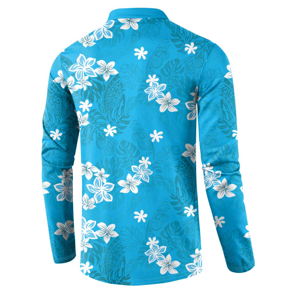 Hawaii Monstera Deliciosa Button Sweatshirt Blue Plumeria Polynesian Pattern LT05 - Polynesian Pride