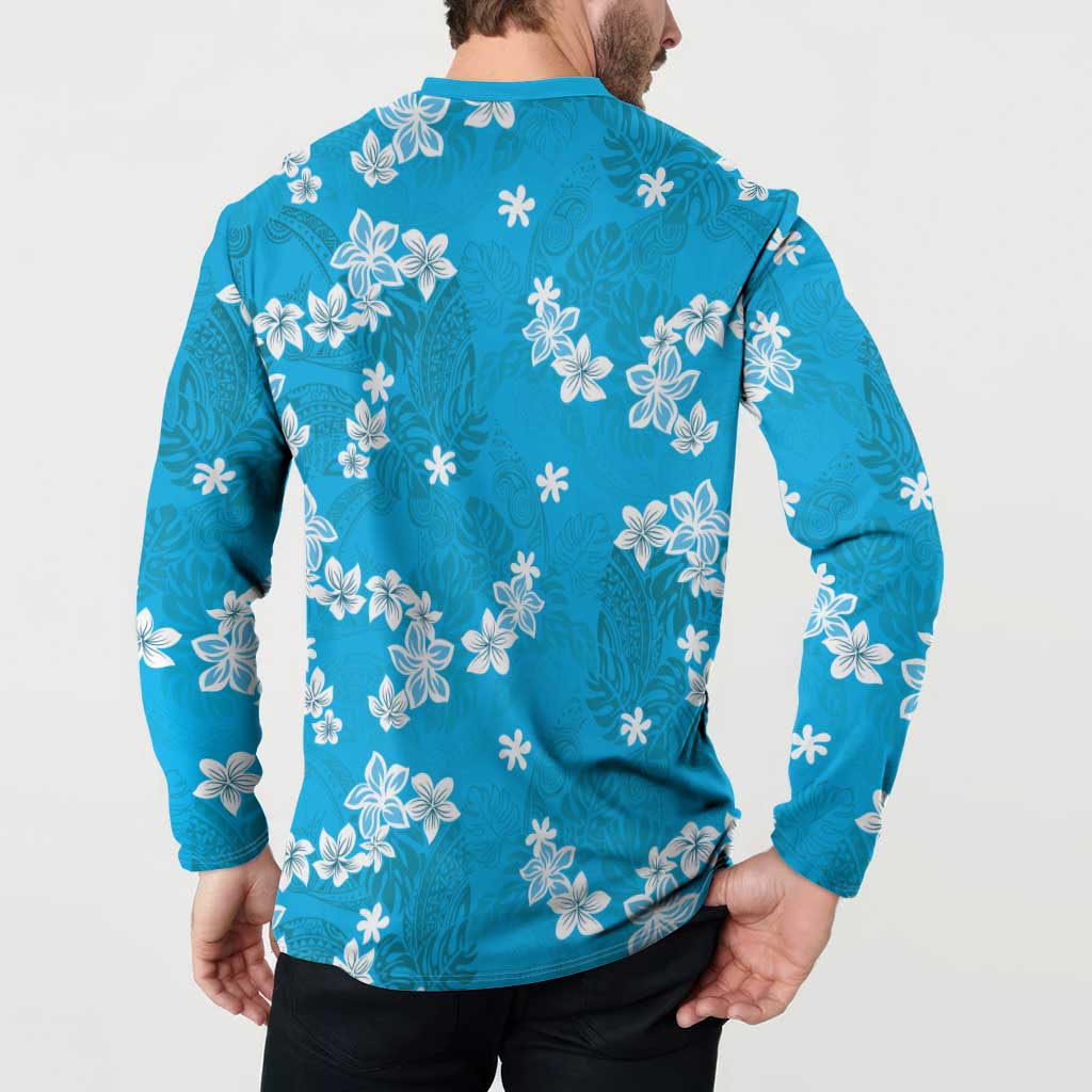 Hawaii Monstera Deliciosa Button Sweatshirt Blue Plumeria Polynesian Pattern LT05 - Polynesian Pride