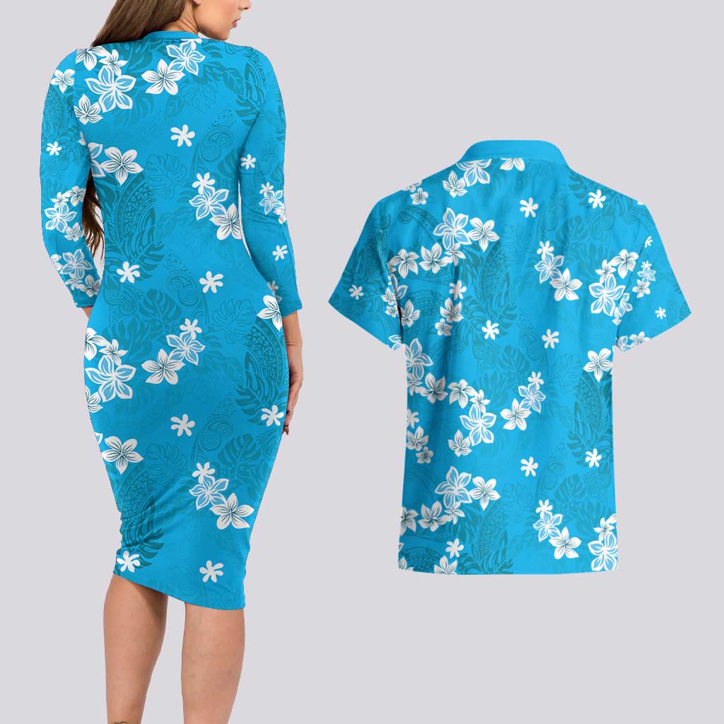 Hawaii Monstera Deliciosa Couples Matching Long Sleeve Bodycon Dress and Hawaiian Shirt Blue Plumeria Polynesian Pattern LT05 - Polynesian Pride