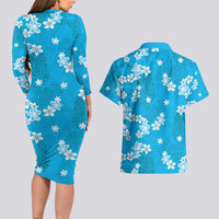 Hawaii Monstera Deliciosa Couples Matching Long Sleeve Bodycon Dress and Hawaiian Shirt Blue Plumeria Polynesian Pattern LT05 - Polynesian Pride