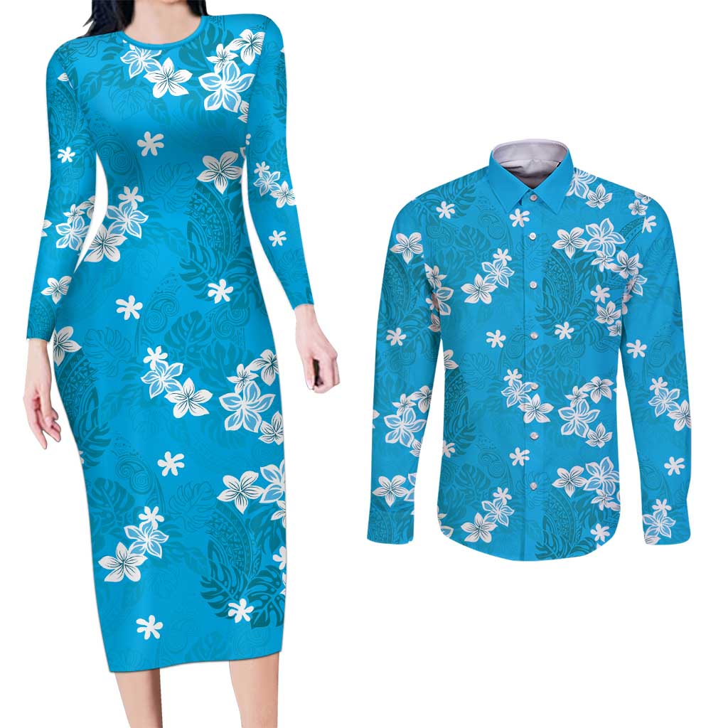 Hawaii Monstera Deliciosa Couples Matching Long Sleeve Bodycon Dress and Long Sleeve Button Shirt Blue Plumeria Polynesian Pattern LT05 Blue - Polynesian Pride
