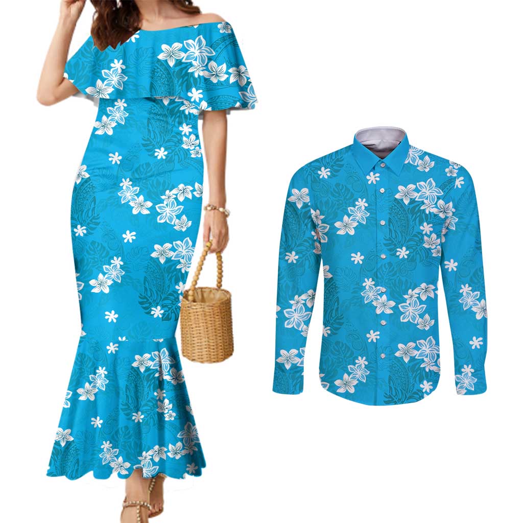 Hawaii Monstera Deliciosa Couples Matching Mermaid Dress and Long Sleeve Button Shirt Blue Plumeria Polynesian Pattern LT05 Blue - Polynesian Pride