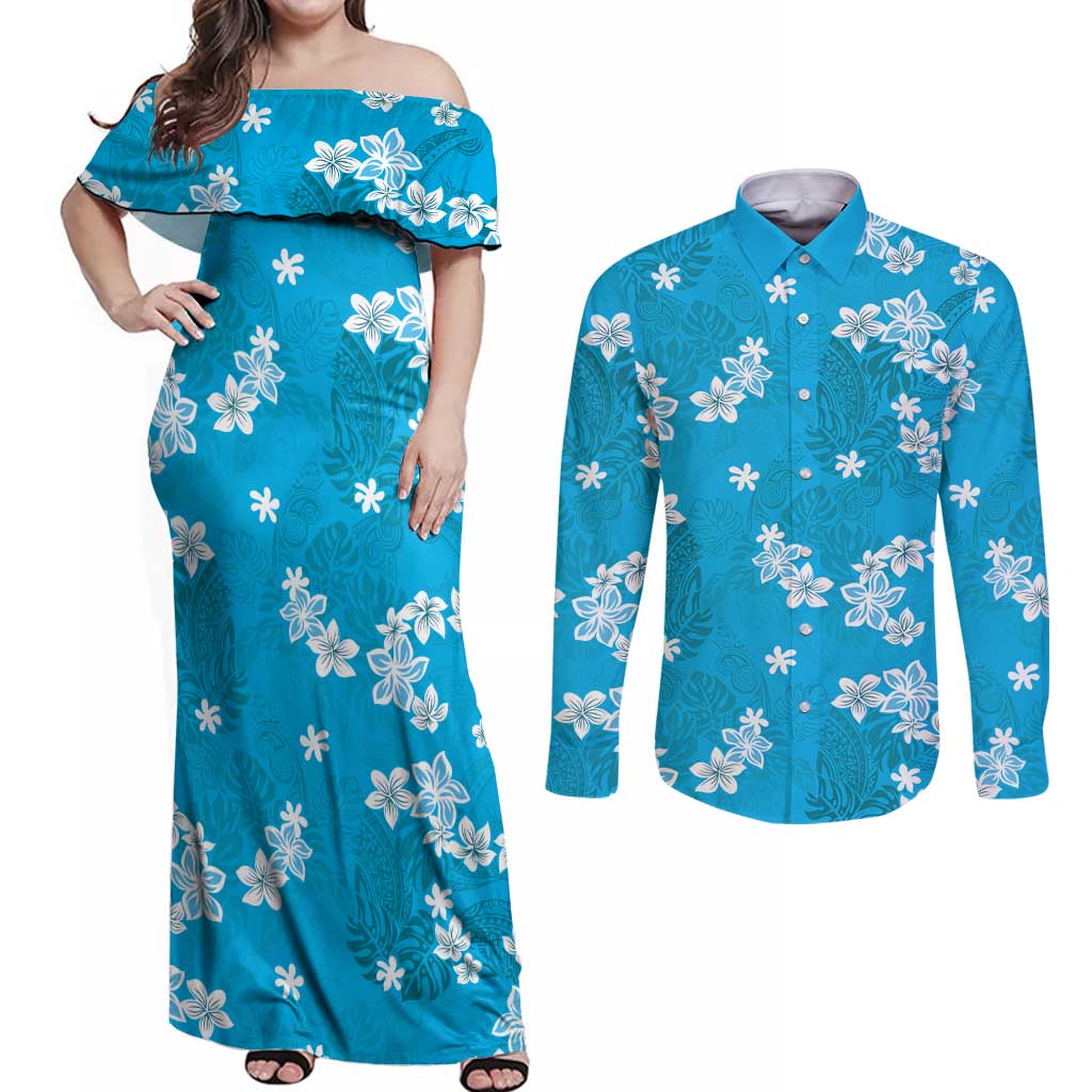 Hawaii Monstera Deliciosa Couples Matching Off Shoulder Maxi Dress and Long Sleeve Button Shirt Blue Plumeria Polynesian Pattern LT05 Blue - Polynesian Pride