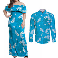 Hawaii Monstera Deliciosa Couples Matching Off Shoulder Maxi Dress and Long Sleeve Button Shirt Blue Plumeria Polynesian Pattern LT05 Blue - Polynesian Pride