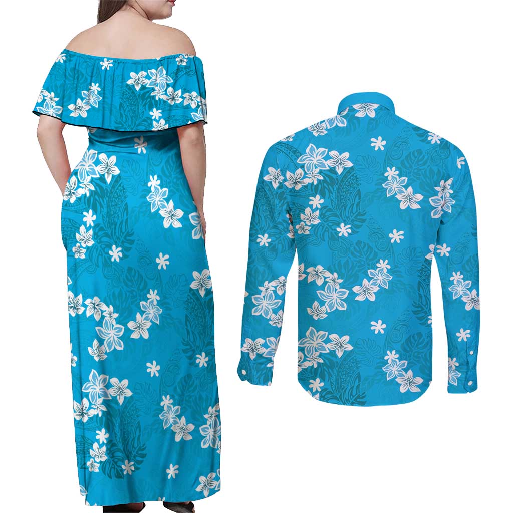 Hawaii Monstera Deliciosa Couples Matching Off Shoulder Maxi Dress and Long Sleeve Button Shirt Blue Plumeria Polynesian Pattern LT05 - Polynesian Pride