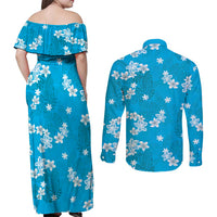 Hawaii Monstera Deliciosa Couples Matching Off Shoulder Maxi Dress and Long Sleeve Button Shirt Blue Plumeria Polynesian Pattern LT05 - Polynesian Pride