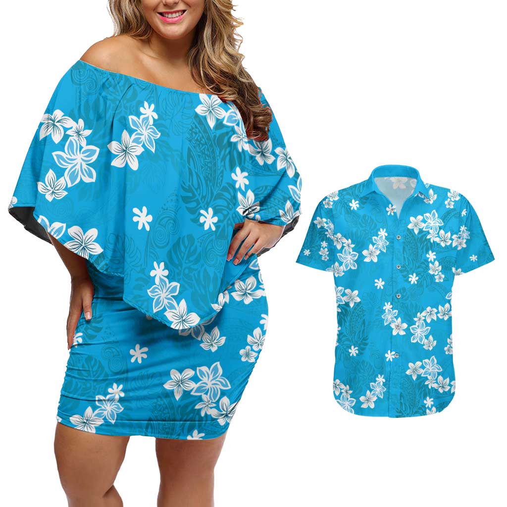 Hawaii Monstera Deliciosa Couples Matching Off Shoulder Short Dress and Hawaiian Shirt Blue Plumeria Polynesian Pattern LT05 Blue - Polynesian Pride