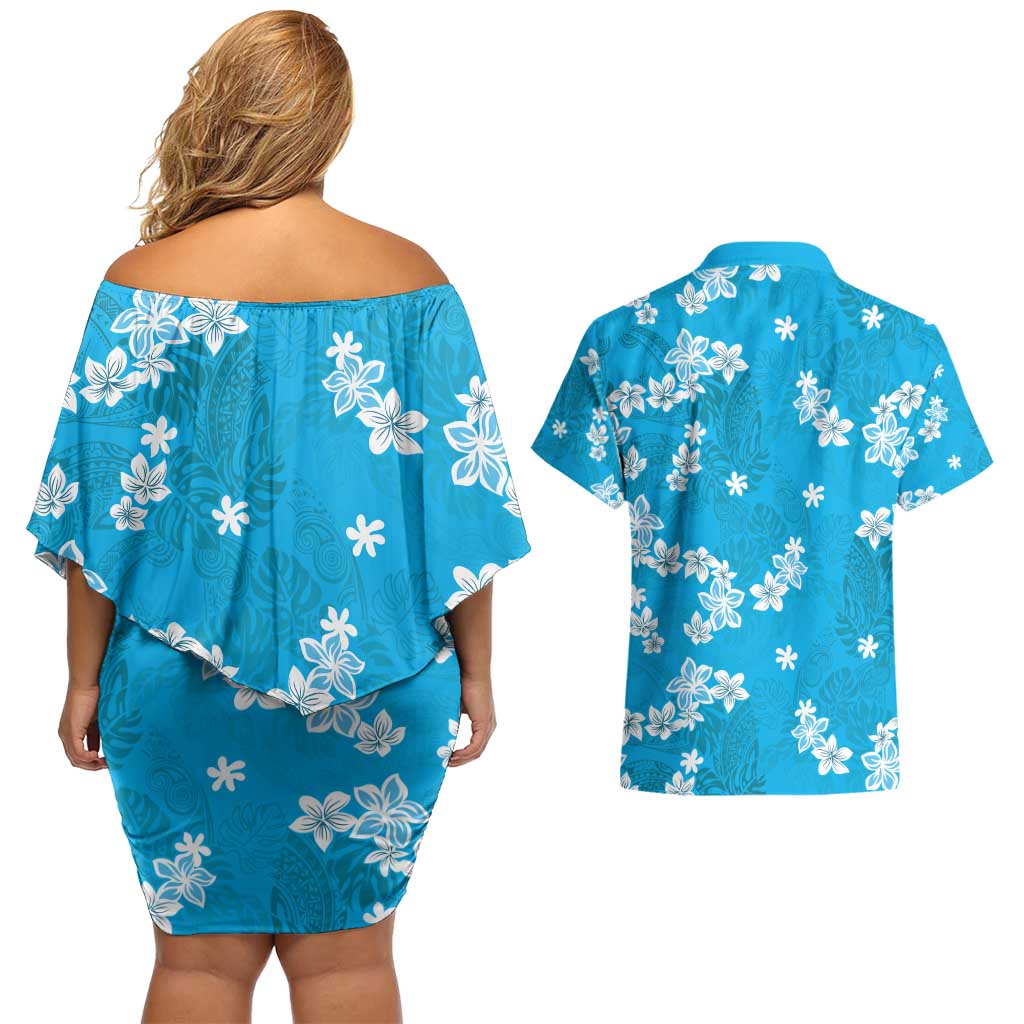 Hawaii Monstera Deliciosa Couples Matching Off Shoulder Short Dress and Hawaiian Shirt Blue Plumeria Polynesian Pattern LT05 - Polynesian Pride
