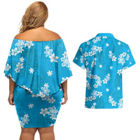 Hawaii Monstera Deliciosa Couples Matching Off Shoulder Short Dress and Hawaiian Shirt Blue Plumeria Polynesian Pattern LT05 - Polynesian Pride
