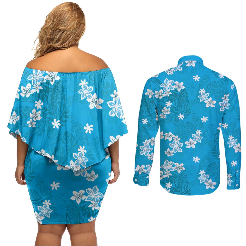 Hawaii Monstera Deliciosa Couples Matching Off Shoulder Short Dress and Long Sleeve Button Shirt Blue Plumeria Polynesian Pattern LT05 - Polynesian Pride