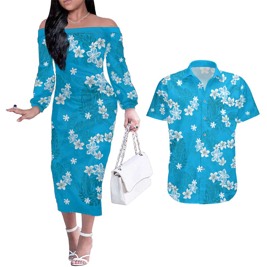 Hawaii Monstera Deliciosa Couples Matching Off The Shoulder Long Sleeve Dress and Hawaiian Shirt Blue Plumeria Polynesian Pattern LT05 Blue - Polynesian Pride
